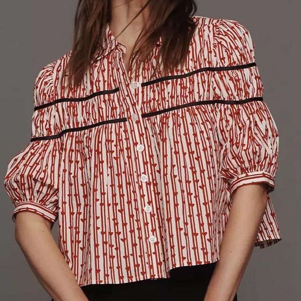 Anthropologie Maeve Leandra Shirred Yoke Blouse 3X Red Heart White